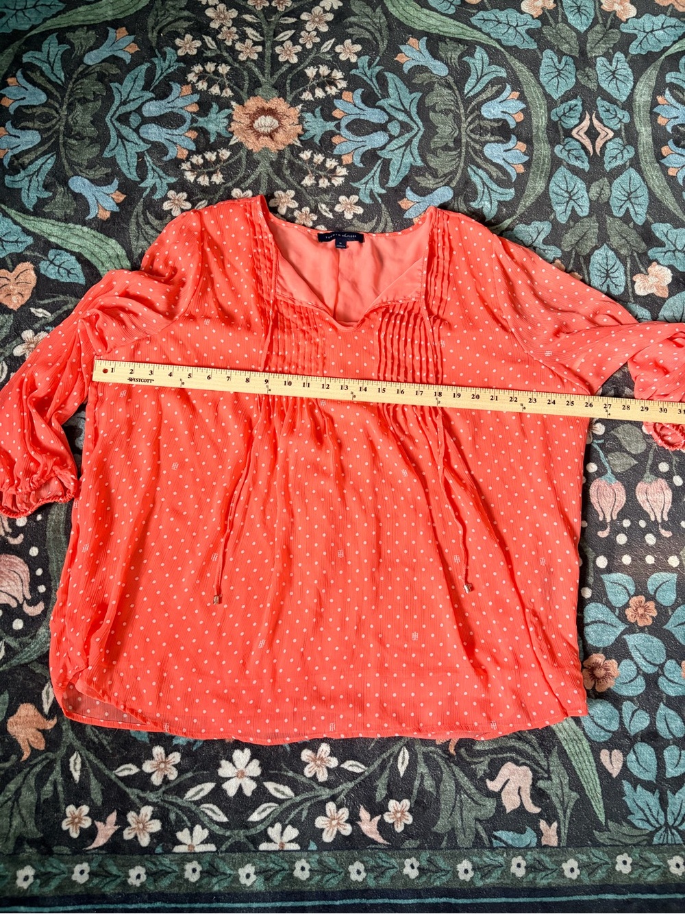 Tommy Hilfiger Women’s Coral Polka Dot Sheer Pintuck Peasant Boho Blouse Top - Picture 10 of 13